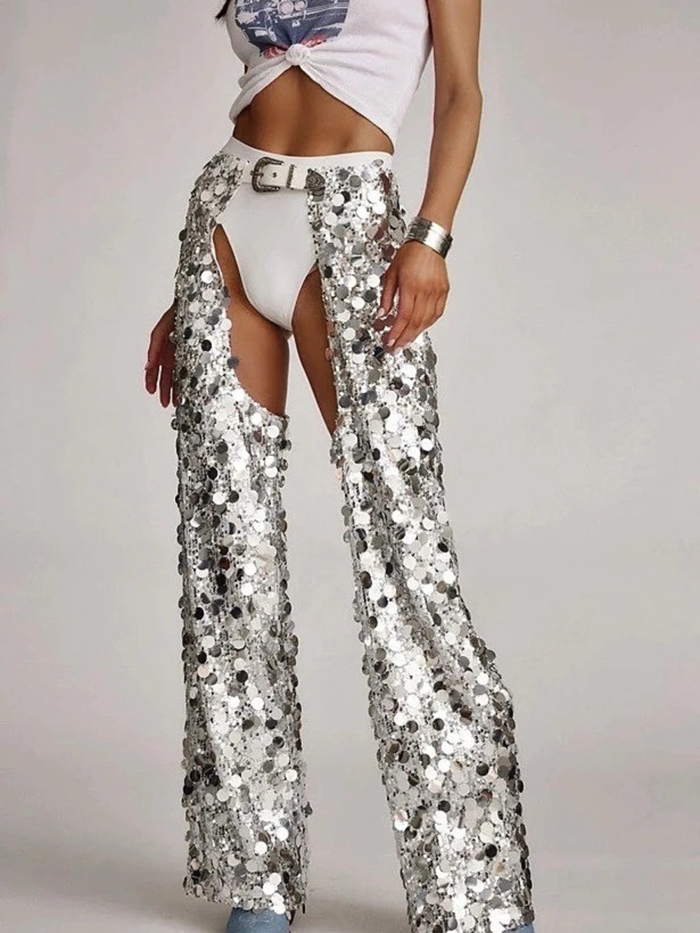 12th Tribe Walker Silver Payette Chaps Sequin Wide Leg Chaps in Silver